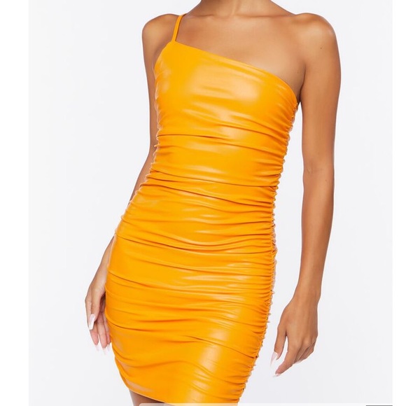 NWT Pleather Leather Vinyl Look One Shoulder Strapless Ruched Mini Dress - Picture 5 of 13